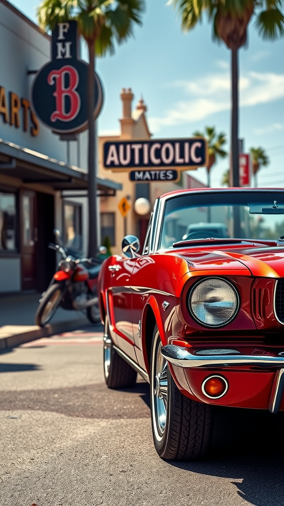 A vintage 1964 Ford Mustang in a vibrant red color parked in front of a retro automotive shop.