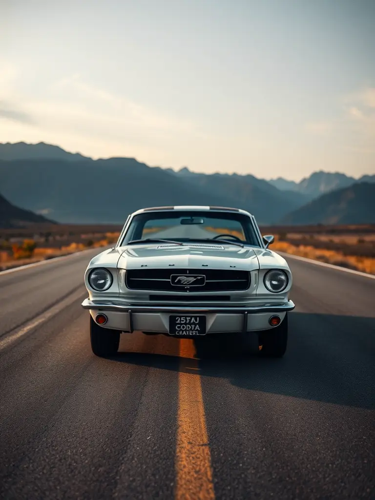 A classic 1965 Ford Mustang parked on an open road with mountains in the background.