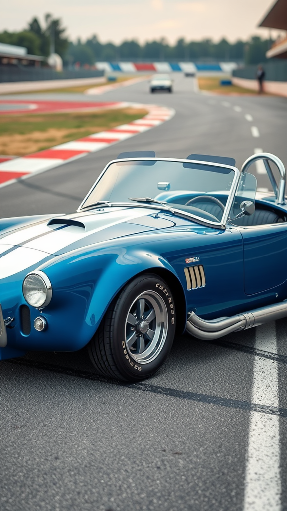A blue 1965 Shelby Cobra sports car parked on a racetrack.