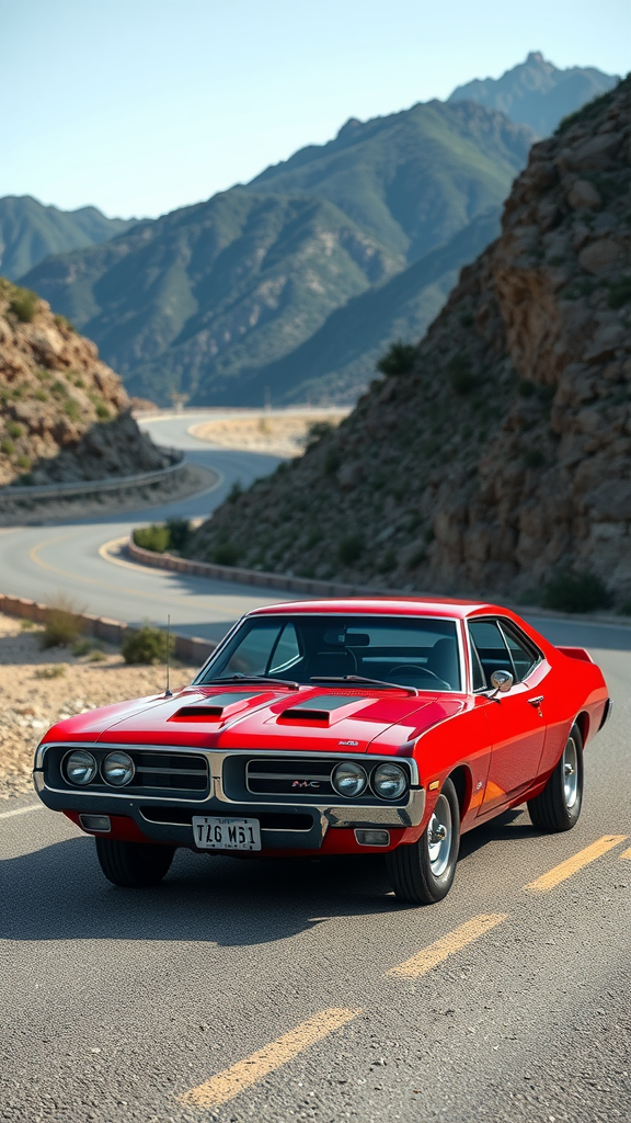 A red 1968 AMC Javelin parked on a winding mountain road with scenic hills in the background.