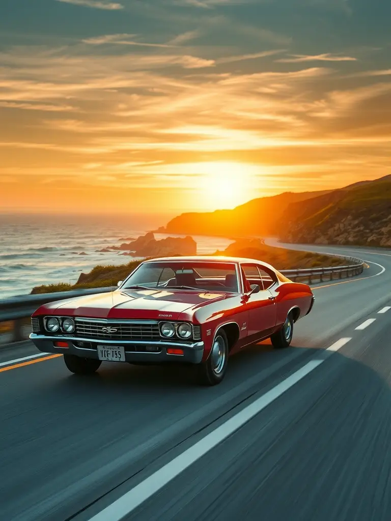 A red 1969 Chevrolet Impala driving along a coastal road at sunset.