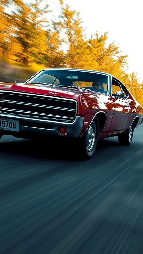 A classic red 1969 Ford Torino speeding down a road with blurred trees in the background.
