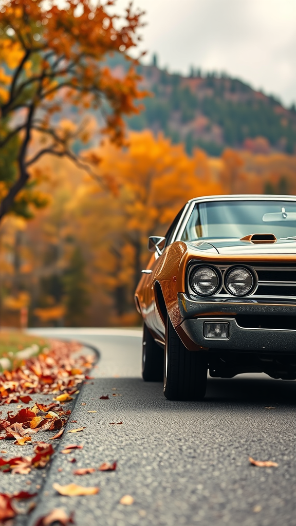 A vintage 1969 Pontiac GTO parked on a scenic road surrounded by autumn foliage.