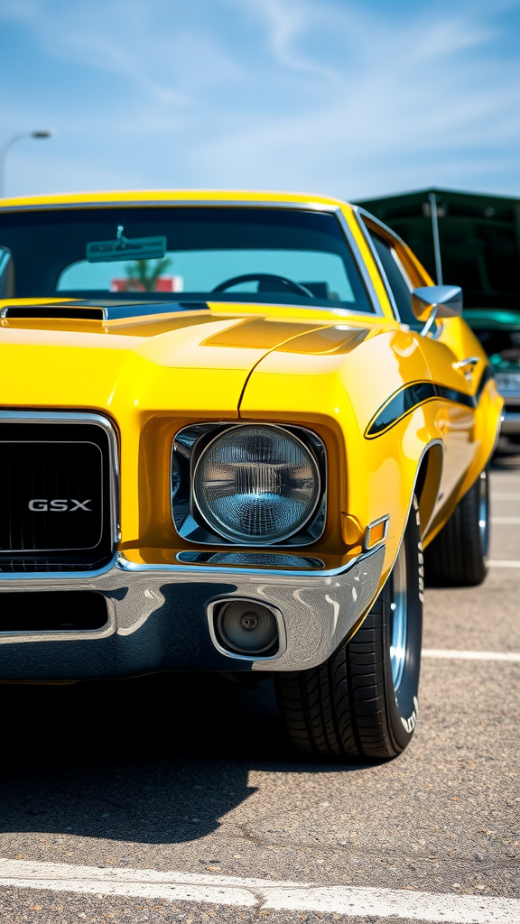Front view of a yellow 1970 Buick GSX parked