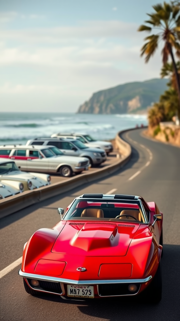 A red 1970 Chevrolet Corvette parked on a scenic coastal road with palm trees and a view of the ocean.