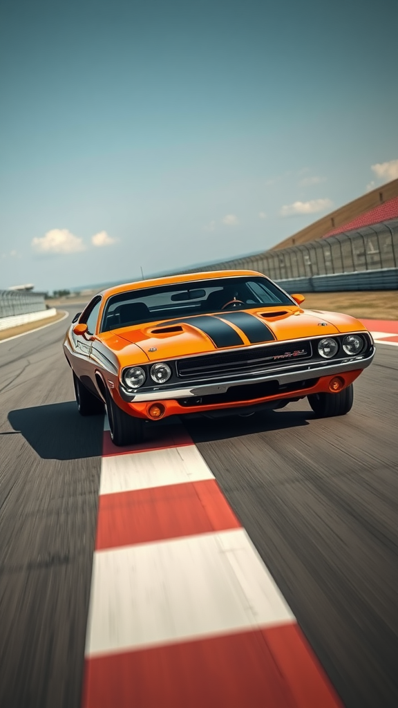 A vibrant orange 1970 Dodge Challenger on a racetrack.