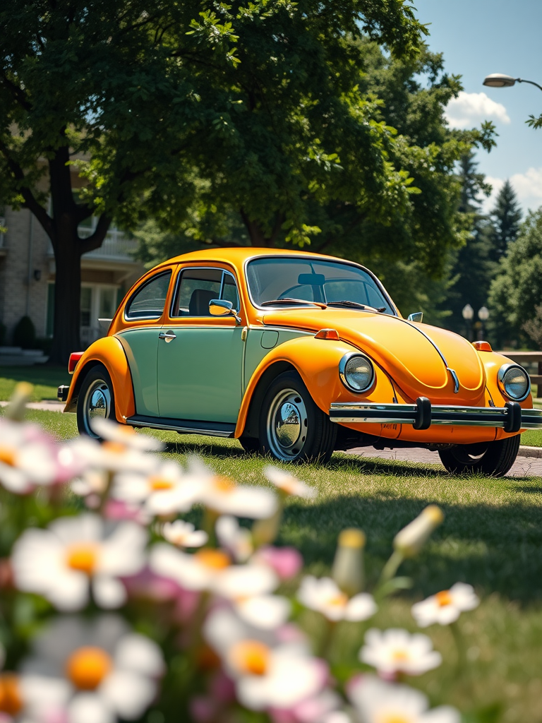 A colorful 1970 Volkswagen Beetle parked on a sunny day with flowers in the foreground.