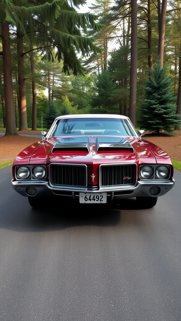 Front view of a 1971 Oldsmobile 442 parked in a wooded area.
