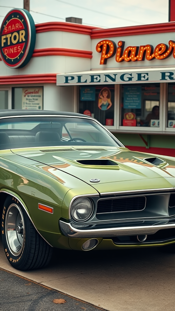 A 1971 Plymouth Barracuda parked by a retro diner.