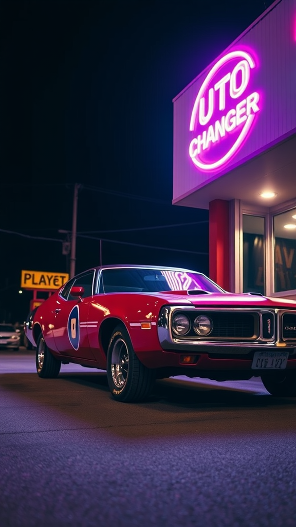 A red 1973 Dodge Charger parked outside a brightly lit auto shop at night.