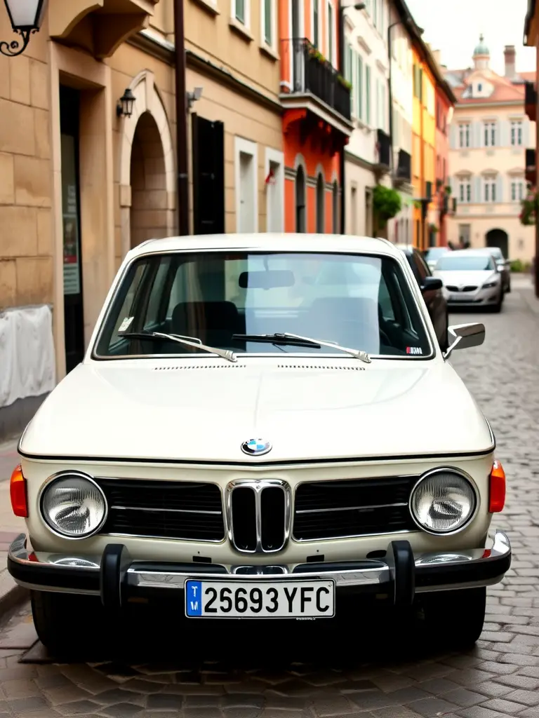 A blue 1974 BMW 2002 parked on a cobblestone street with colorful buildings in the background.