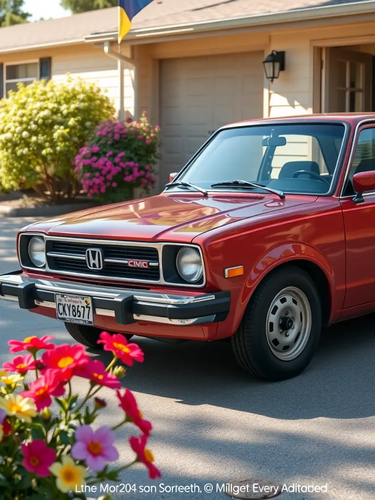 A 1978 Honda Civic parked in a driveway with flowers in the foreground.