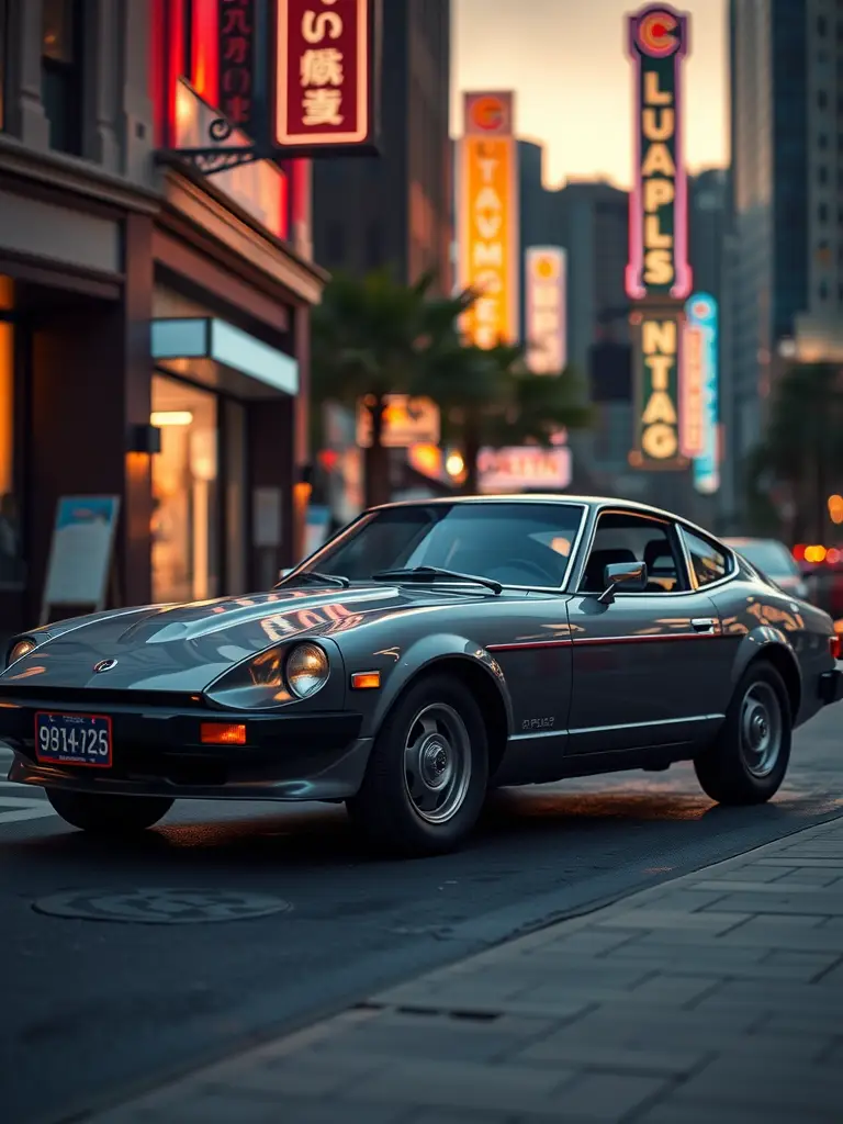 A 1979 Datsun 280ZX parked on a street with neon signs in the background