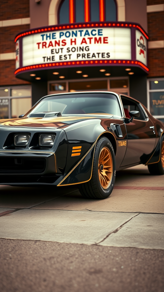 A 1979 Pontiac Trans Am parked in front of a vintage movie theater with a marquee.