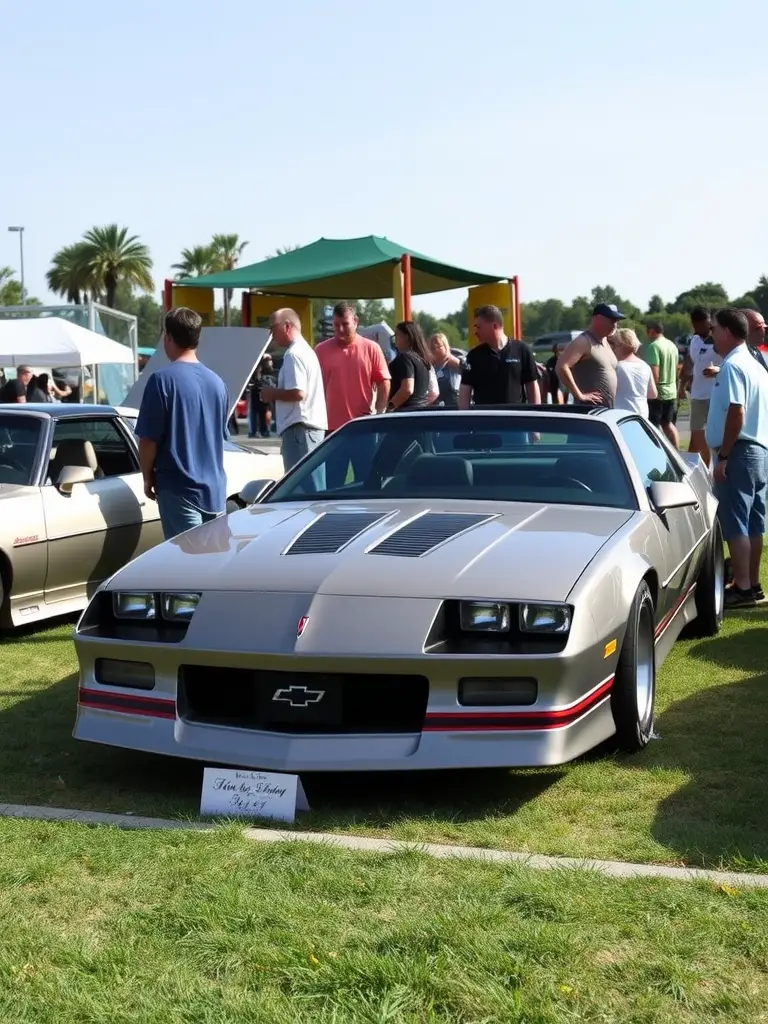 A rear view of a 1980s Chevrolet Camaro with a crowd in the background.