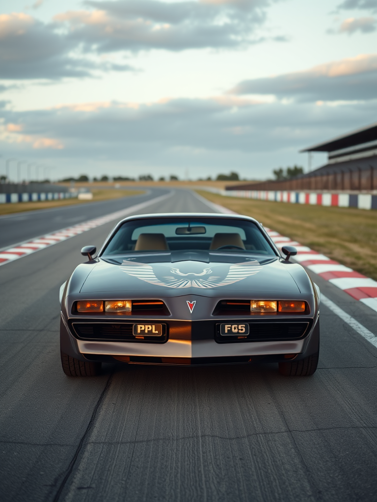 Front view of a 1982 Pontiac Firebird on a racetrack with a cloudy sky