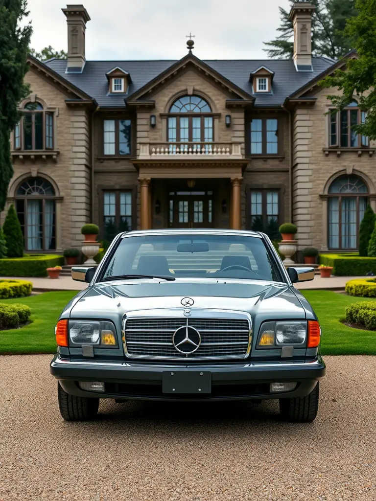 A 1985 Mercedes-Benz 190E parked in front of an elegant mansion