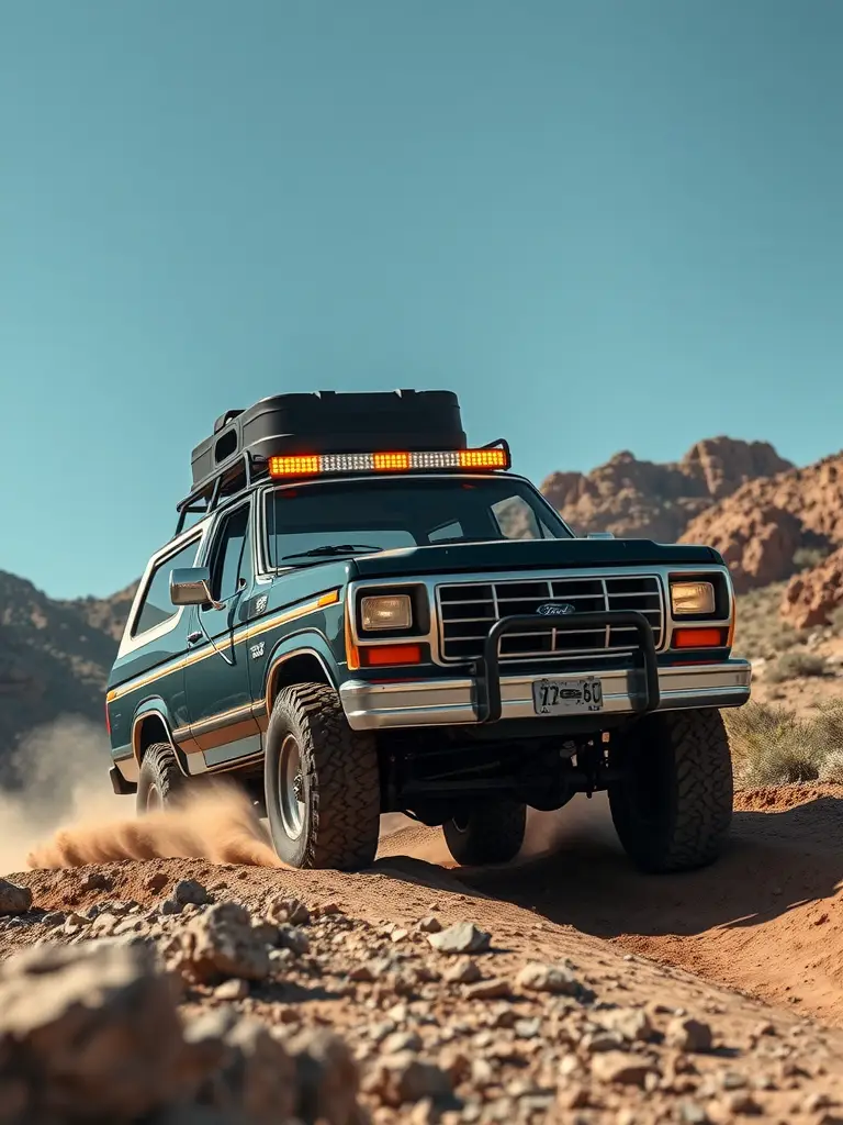1986 Ford Bronco driving through rocky terrain