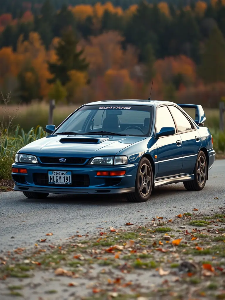 A side view of a 1994 Subaru Impreza parked on a gravel road with trees in the background.
