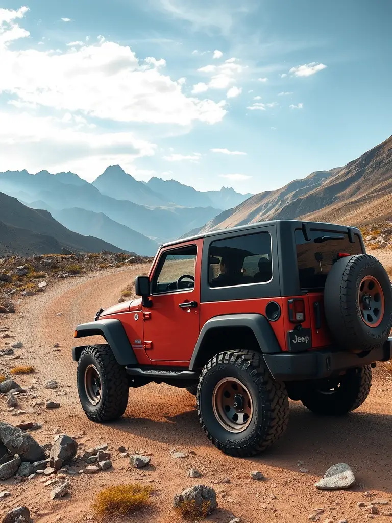 A red Jeep Cherokee parked on a dirt road with mountains in the background.