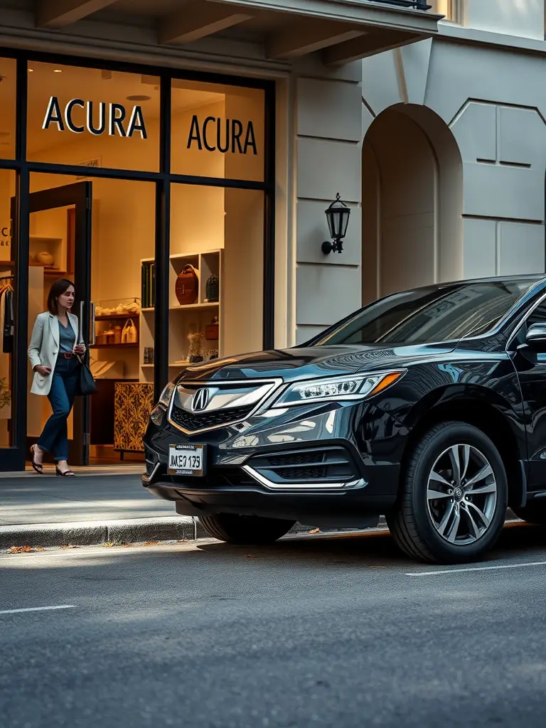 A black Acura RDX parked outside an Acura boutique, with a woman walking towards the store.