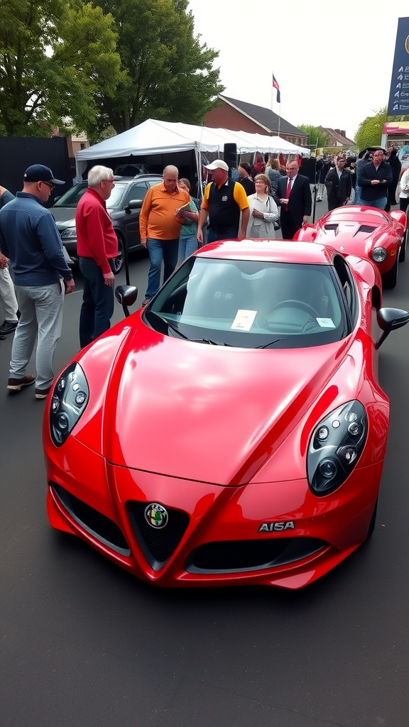 Alfa Romeo 4C in red on display with crowd in the background