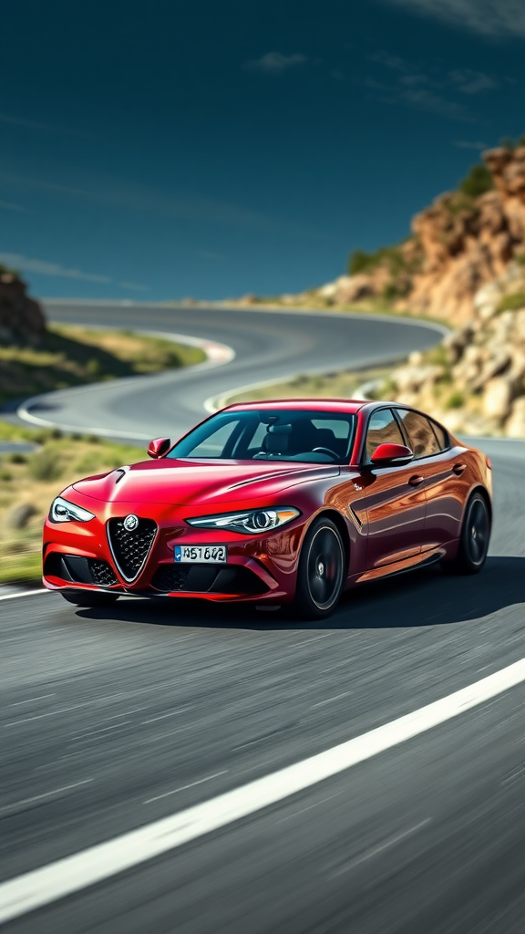 A red Alfa Romeo Giulia Quadrifoglio driving on a winding road