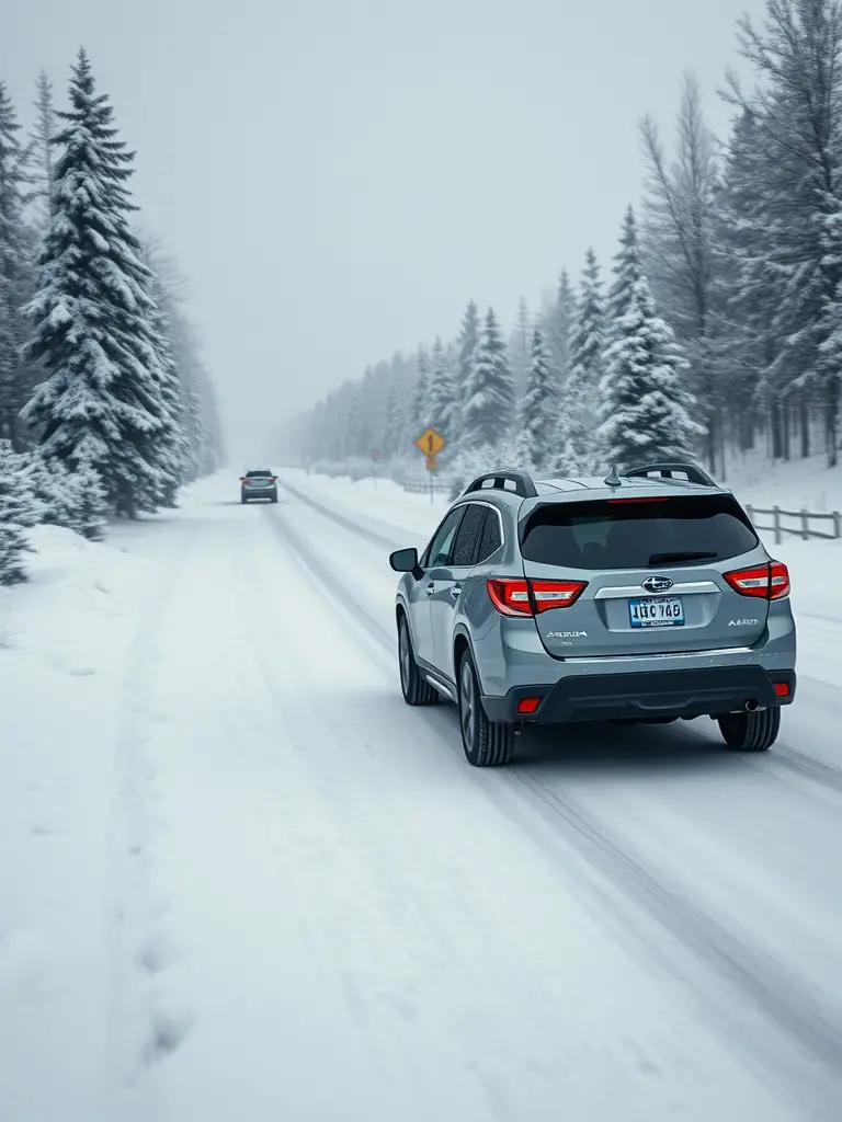 Subaru Ascent driving on a snowy road surrounded by tall trees