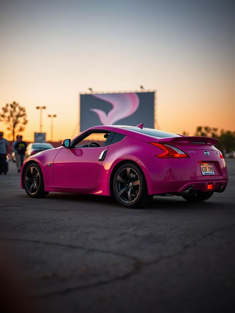A vibrant pink Nissan 370Z parked with a sunset backdrop and a crowd in the distance.