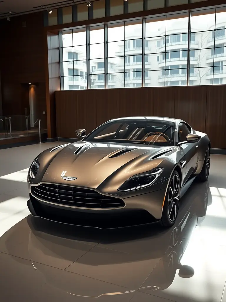 Aston Martin DB11 displayed in a showroom with polished finish and sleek design.