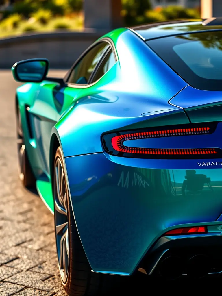 Close-up view of an Aston Martin Vantage in iridescent blue and green finish