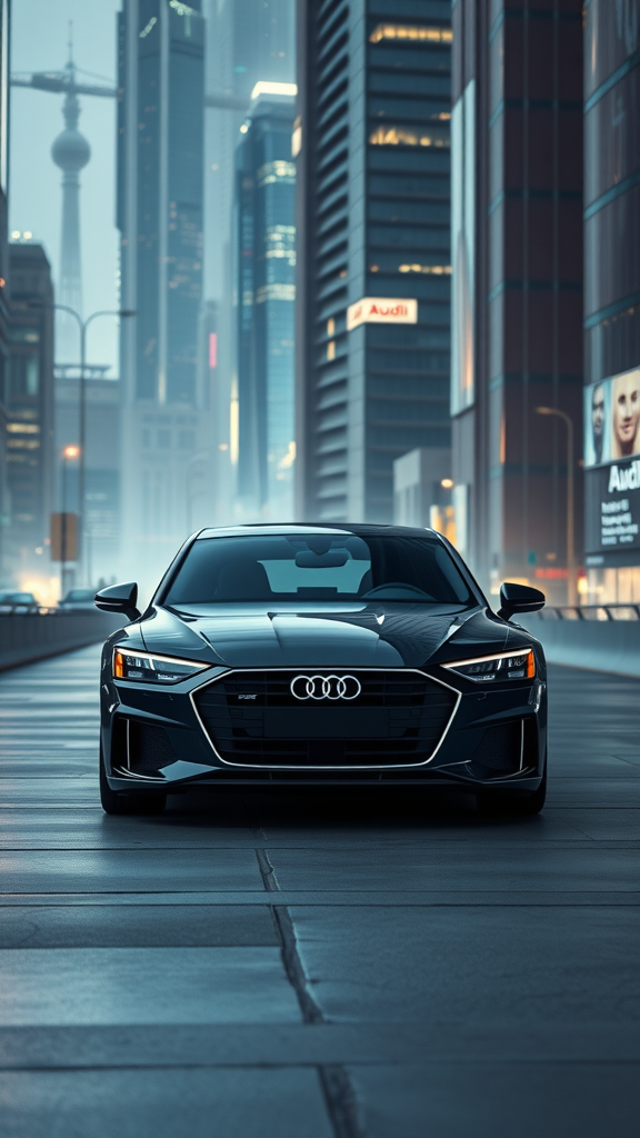 Front view of an Audi A8 in a modern cityscape.