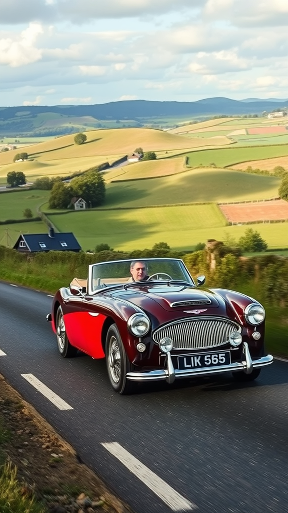 An Austin Healey 3000 roadster driving on a scenic road with green hills in the background.