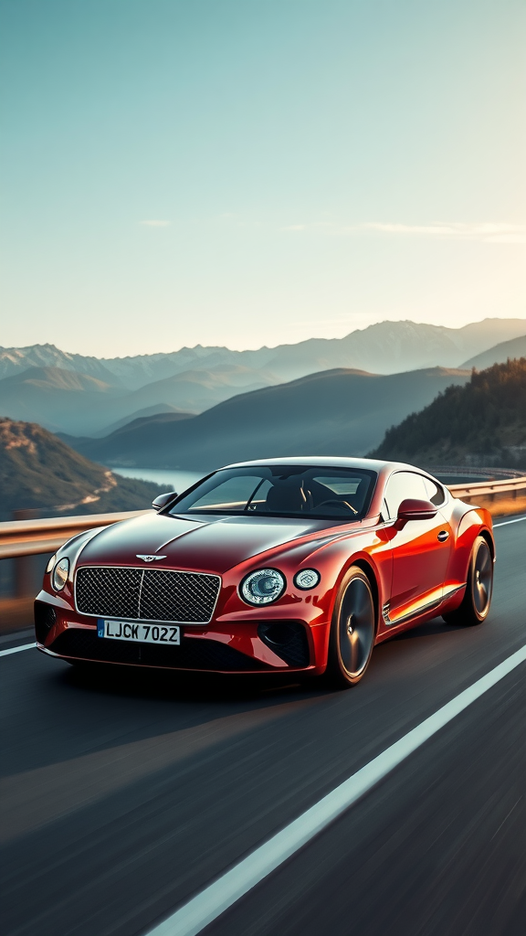 A Bentley Continental GT driving on a scenic road with mountains in the background.