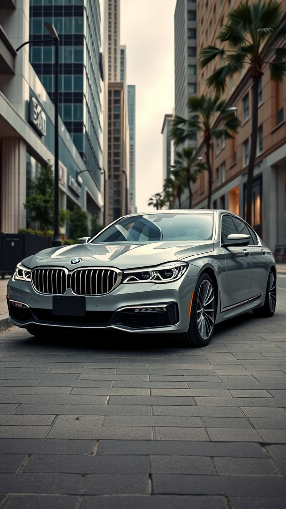 A stylish BMW 7 Series parked on a city street with modern buildings and palm trees in the background.
