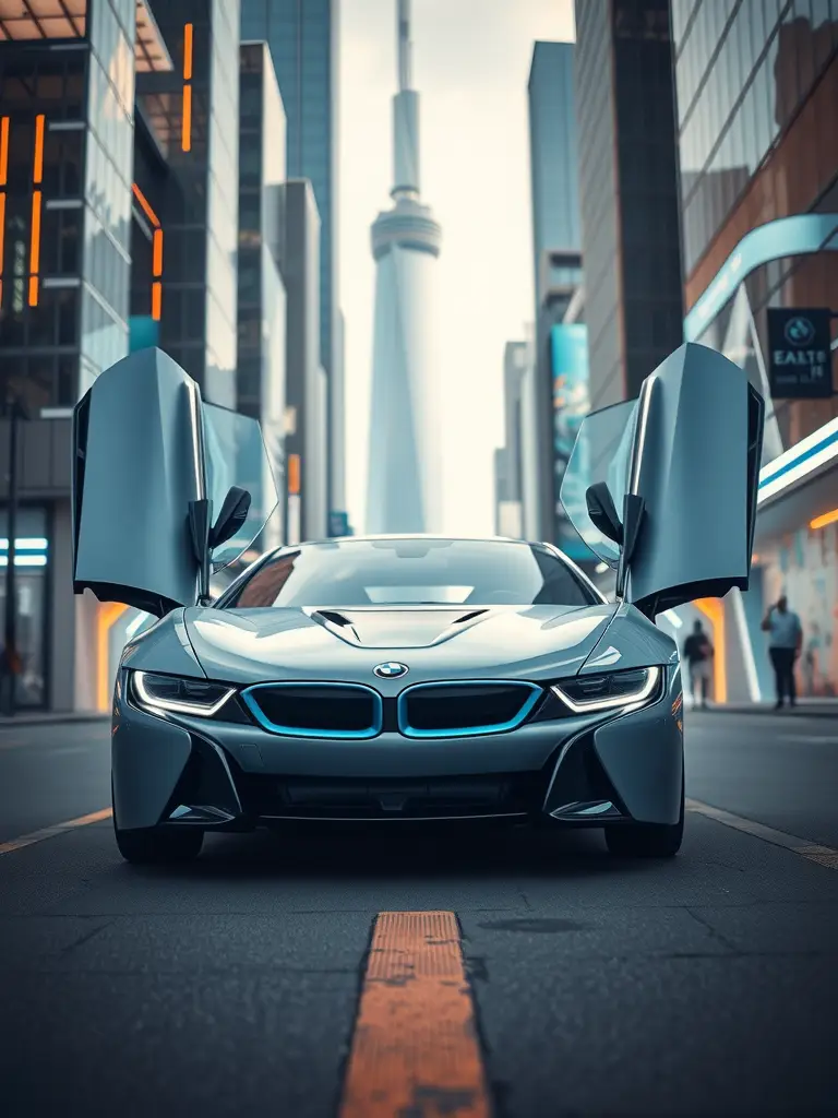 BMW i8 with butterfly doors open, parked in a modern urban setting with the CN Tower in the background.