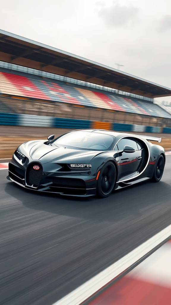 A sleek black Bugatti Chiron Super Sport 300+ racing on a track.