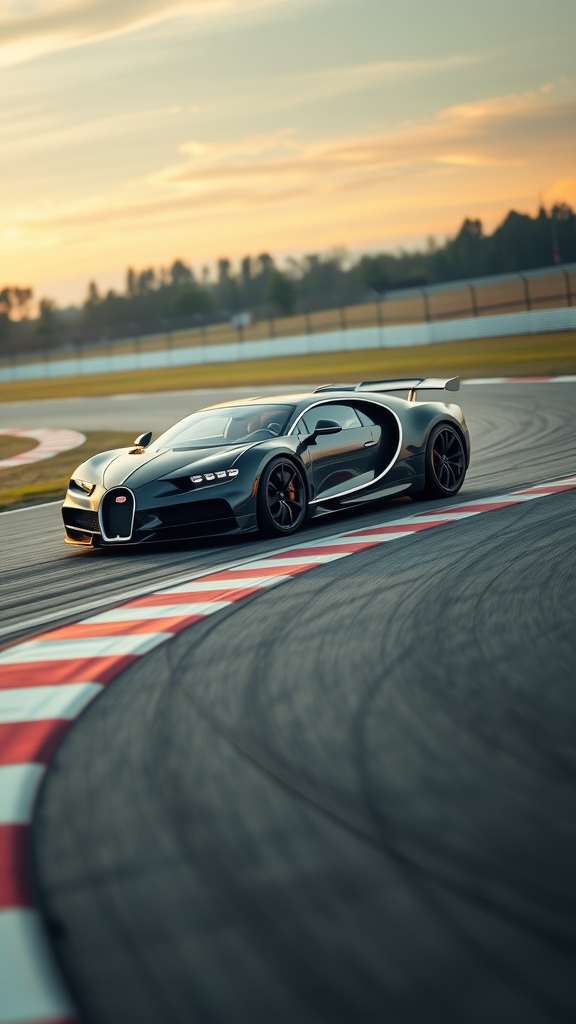 A Bugatti Chiron on a racetrack, showcasing its sleek design and performance.