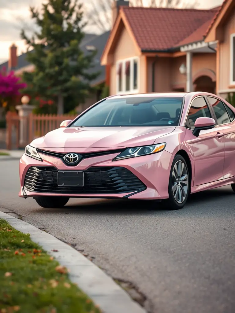 A charming pink Toyota Camry parked in a residential neighborhood