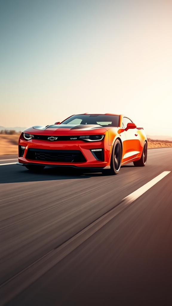 A vibrant red Chevrolet Camaro on a road, showcasing its sporty design.