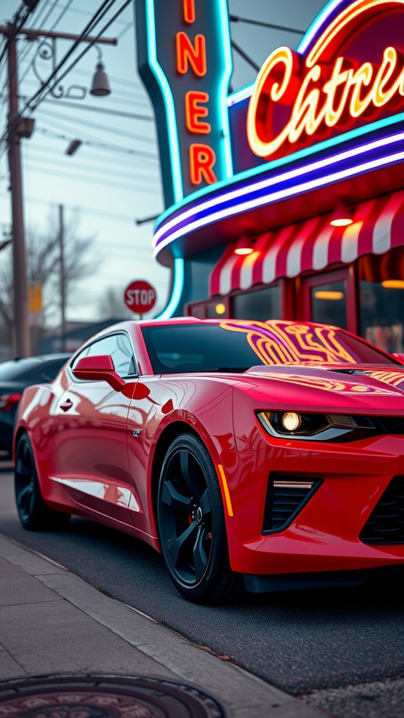 Red Chevrolet Camaro parked in front of a neon diner