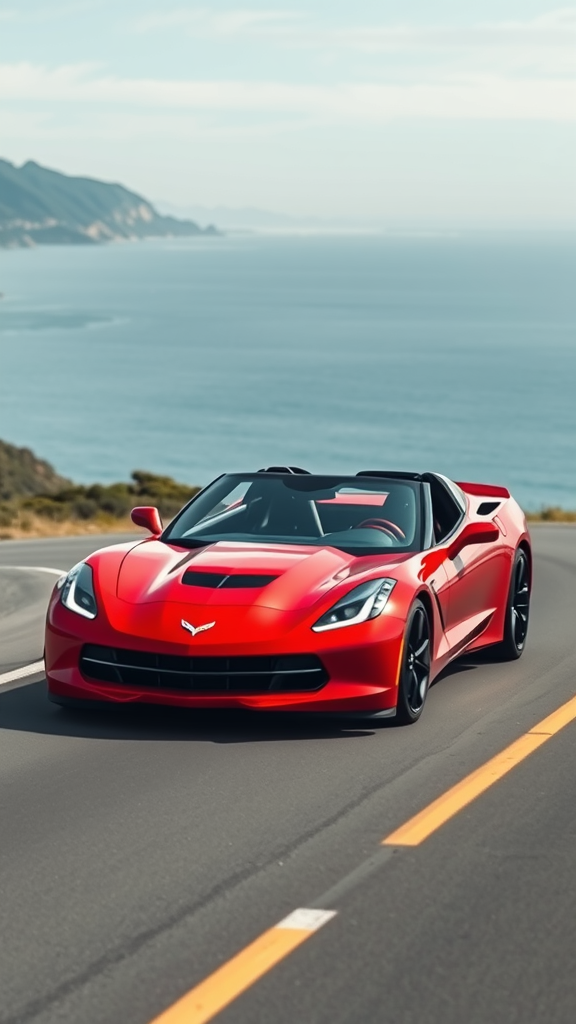 A red Chevrolet Corvette driving on a coastal road with ocean views.