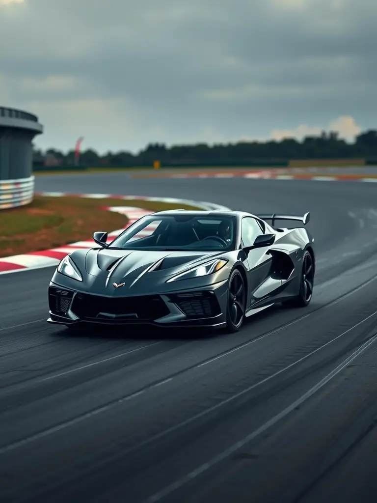 Chevrolet Corvette C8 racing on a track.