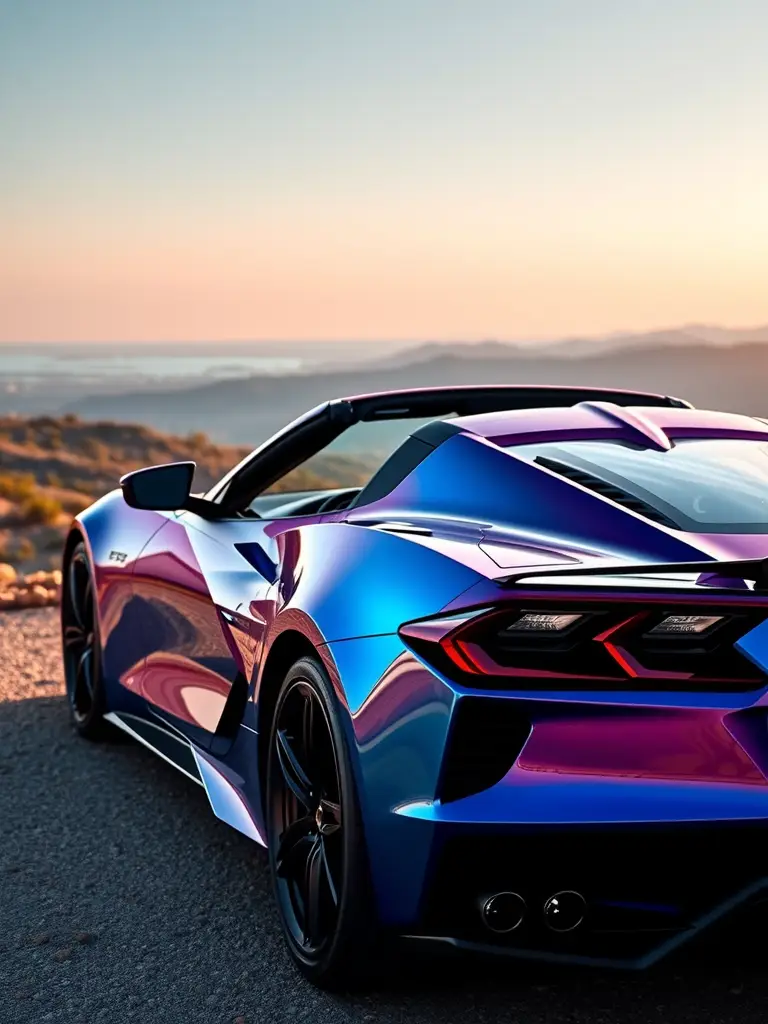 Chevrolet Corvette C8 with vibrant red and blue colors parked on a scenic overlook