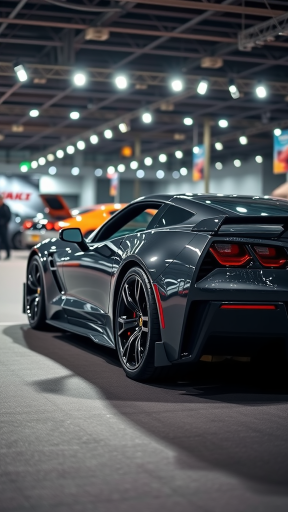 A sleek dark gray Chevrolet Corvette Stingray seen from the rear in a well-lit exhibition space.