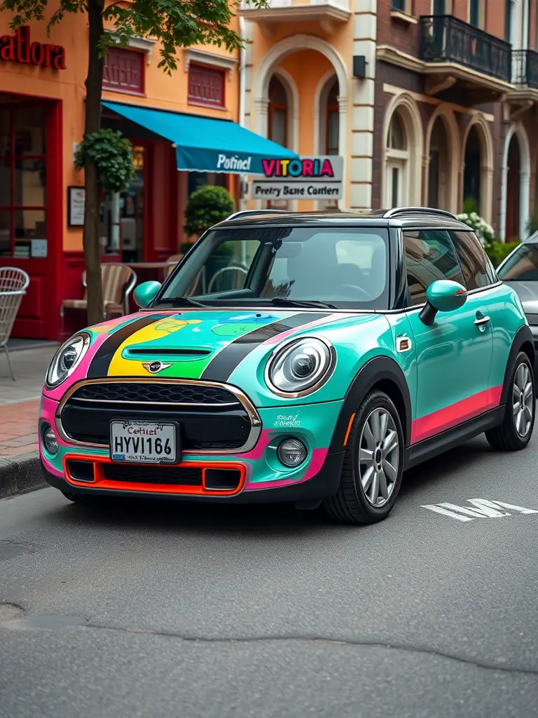 A vibrant Mini Cooper with orange and yellow colors parked on a street, with a person sitting on the hood in a playful pose.