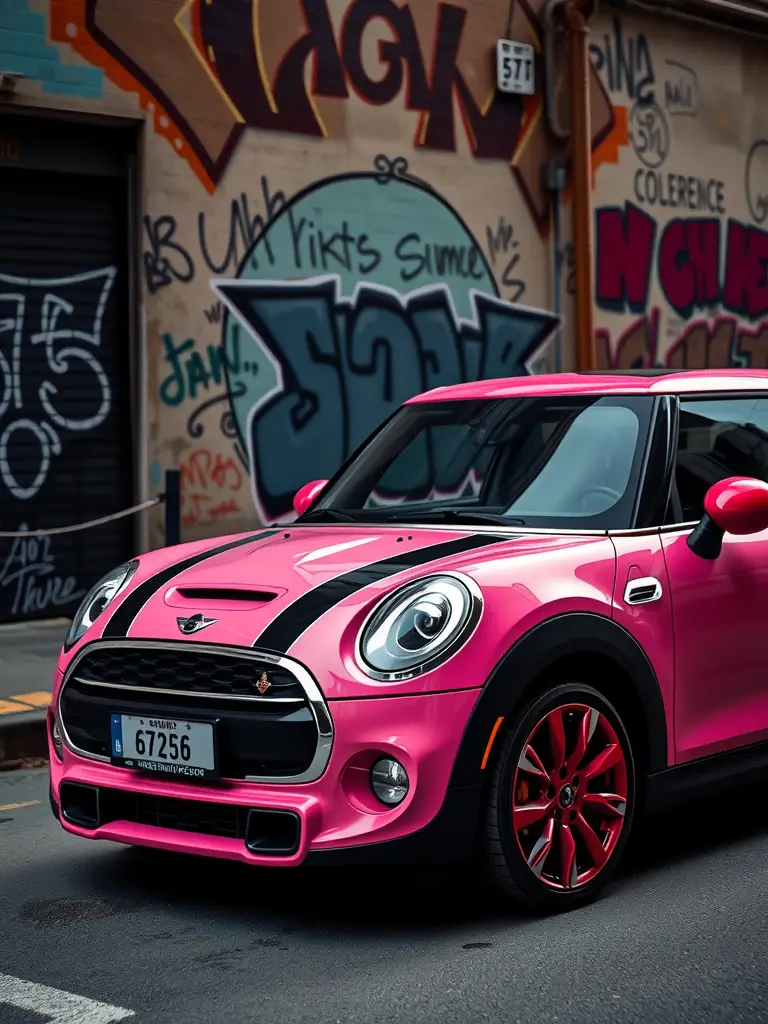 A chic pink Mini Cooper parked in front of a graffiti wall.