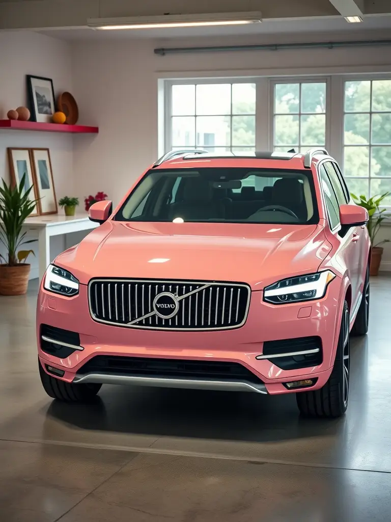 A stylish pink Volvo XC90 parked indoors, showcasing its modern design and chic color.
