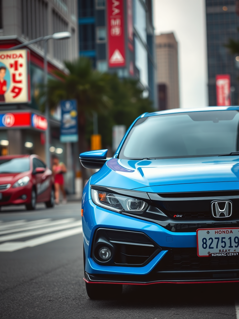 A woman driving a Honda Civic in an urban setting with city lights around.
