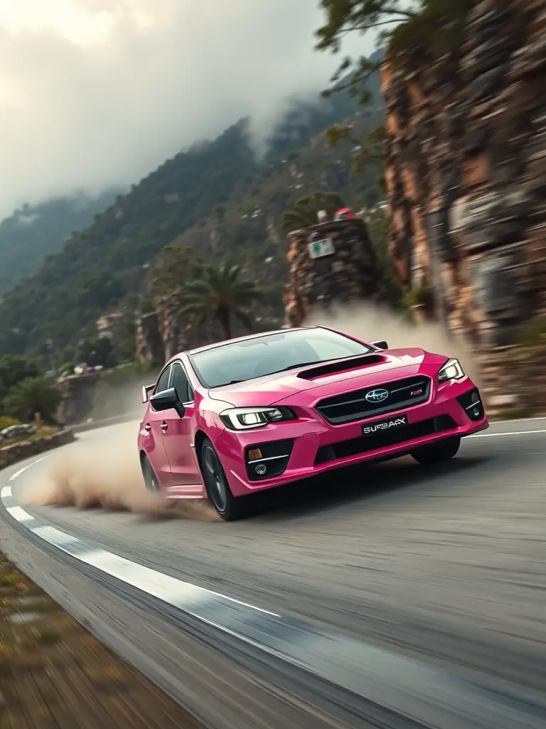A pink Subaru WRX speeding around a winding road with mountains in the background and dust flying.